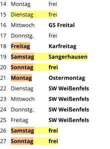 Montag	frei Dienstag	frei Mittwoch	GS Freital Donnstg.	frei Freitag  	Karfreitag Samstag	Sangerhausen Sonntag	frei Montag	Ostermontag Dienstag	SW Weißenfels Mittwoch	SW Weißenfels Donnstg.	SW Weißenfels Freitag		SW Weißenfels Samstag	frei Sonntag	frei  14 15 16 17 18 19 20 21 22 23 24 25 26 27