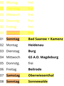 Montag	frei Dienstag	frei Mittwoch	frei Donnstg.	frei Freitag		frei Samstag	frei Sonntag	Bad Saarow + Kamenz Montag	Heidenau Dienstag	Burg Mittwoch	GS A.O. Magdeburg Donnstg.	frei Freitag		Beilrode Samstag	Oberwiesenthal Sonntag	Sonnewalde  00 00 00 00 00 00 01 02 03 04 05 06 07 08