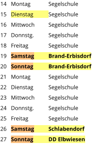 Montag	Segelschule Dienstag	Segelschule Mittwoch	Segelschule Donnstg.	Segelschule Freitag		Segelschule Samstag	Brand-Erbisdorf Sonntag	Brand-Erbisdorf Montag	Segelschule Dienstag	Segelschule Mittwoch	Segelschule Donnstg.	Segelschule Freitag		Segelschule Samstag	Schlabendorf Sonntag	DD Elbwiesen  14 15 16 17 18 19 20 21 22 23 24 25 26 27